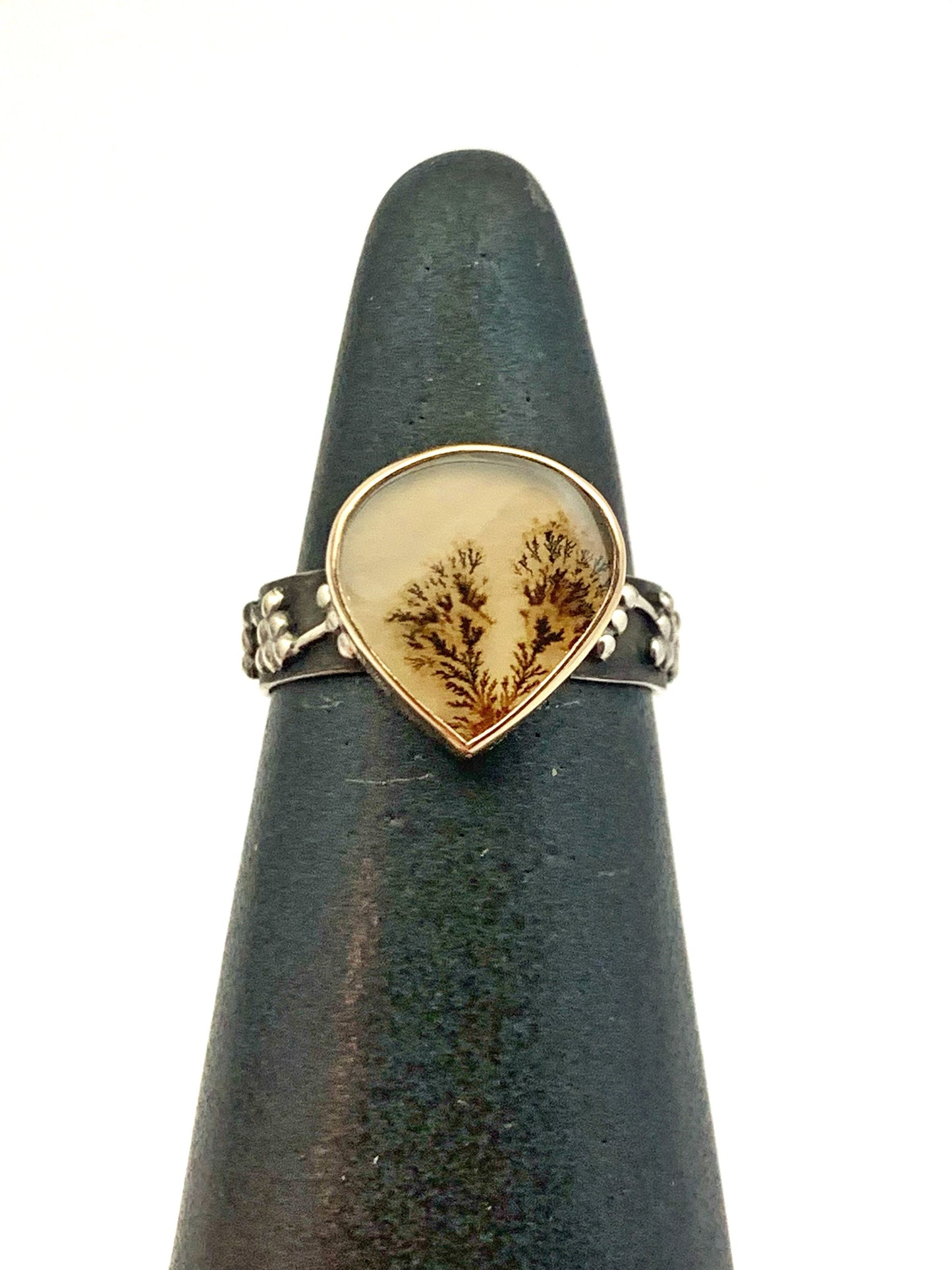 Dendritic Agate Teardrop Ring in Gold and Silver
