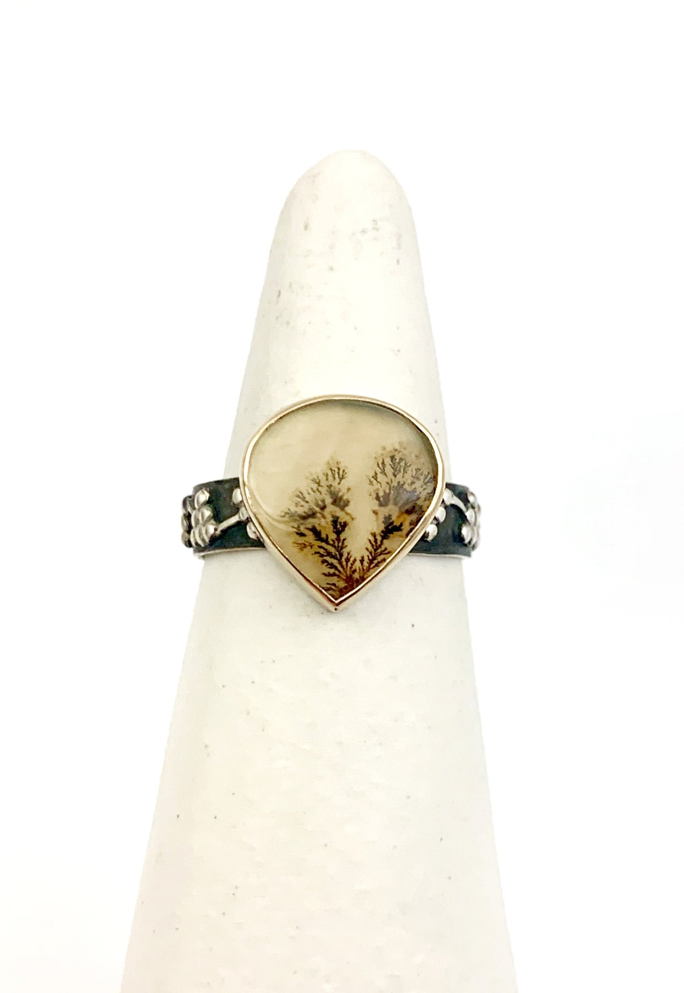 Dendritic Agate Teardrop Ring in Gold and Silver