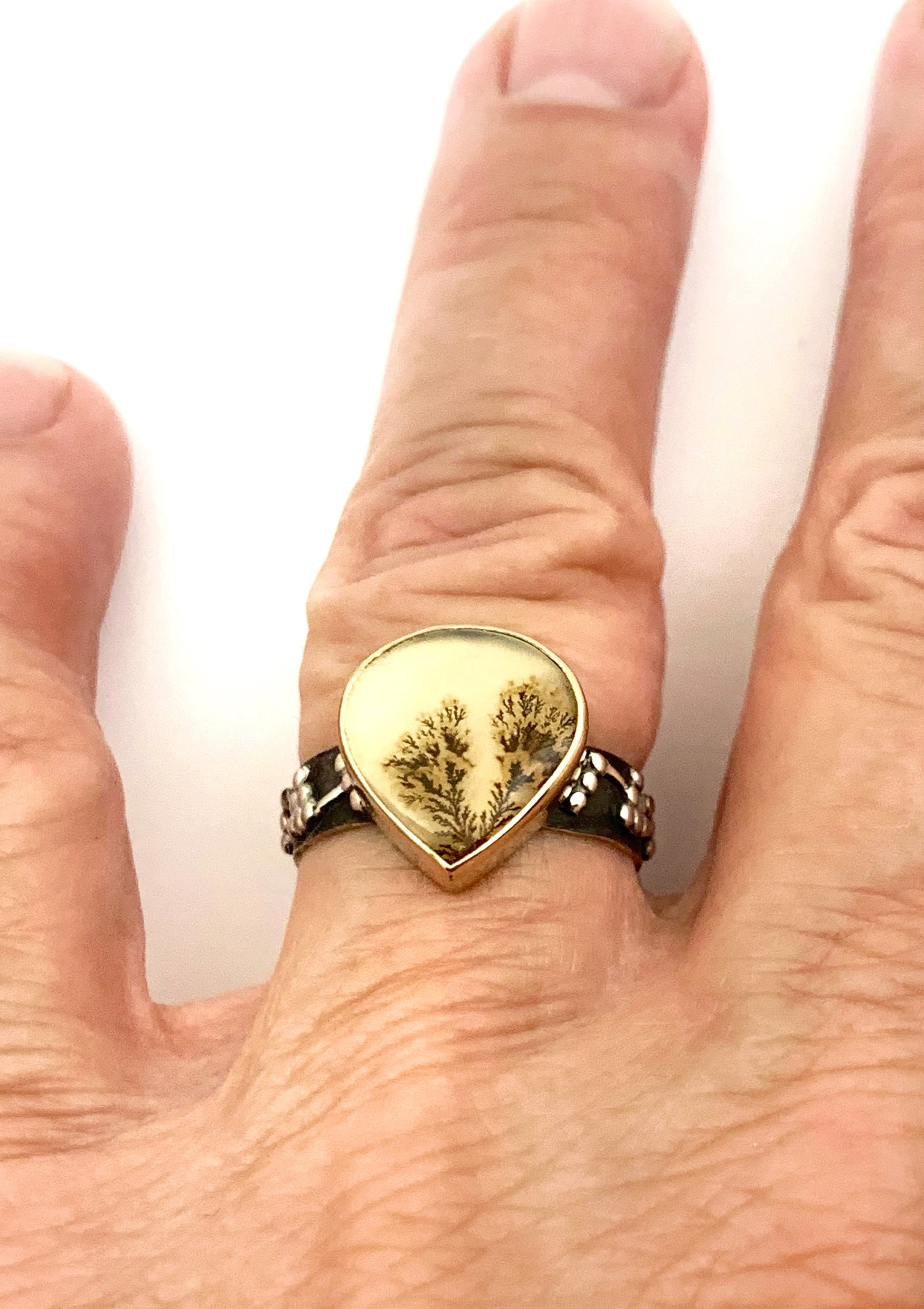 Dendritic Agate Teardrop Ring in Gold and Silver