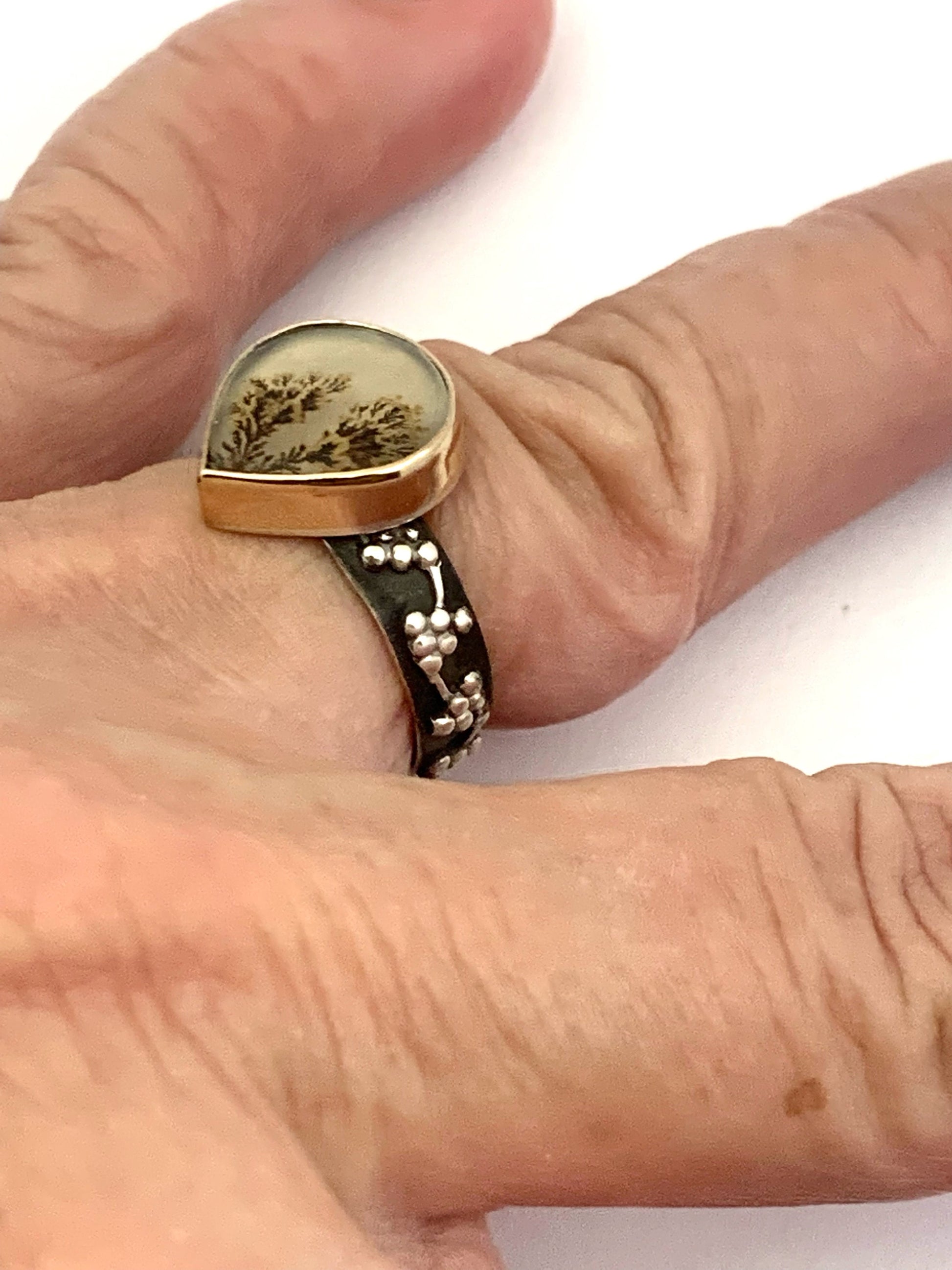Dendritic Agate Teardrop Ring in Gold and Silver