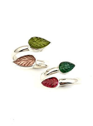 Tourmaline Leaf Adjustable Rings in Sterling Silver, October birthstone gift