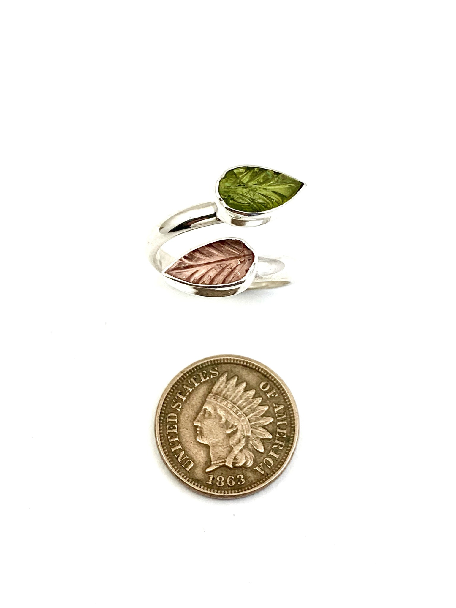 Tourmaline Leaf Adjustable Rings in Sterling Silver, October birthstone gift