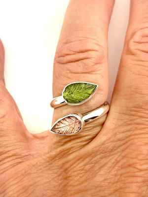 Tourmaline Leaf Adjustable Rings in Sterling Silver, October birthstone gift