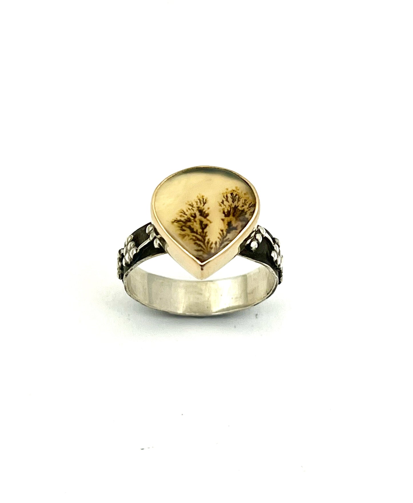 Dendritic Agate Teardrop Ring in Gold and Silver