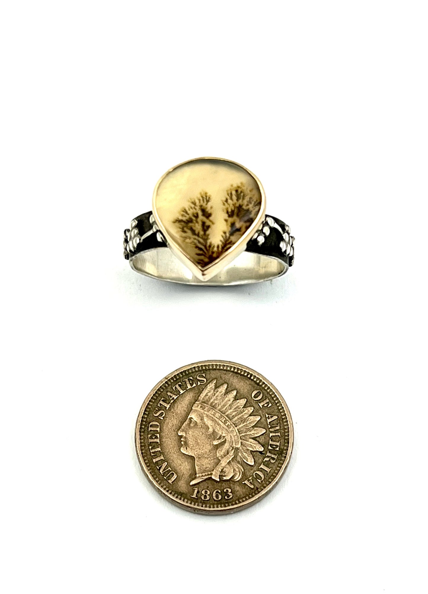 Dendritic Agate Teardrop Ring in Gold and Silver