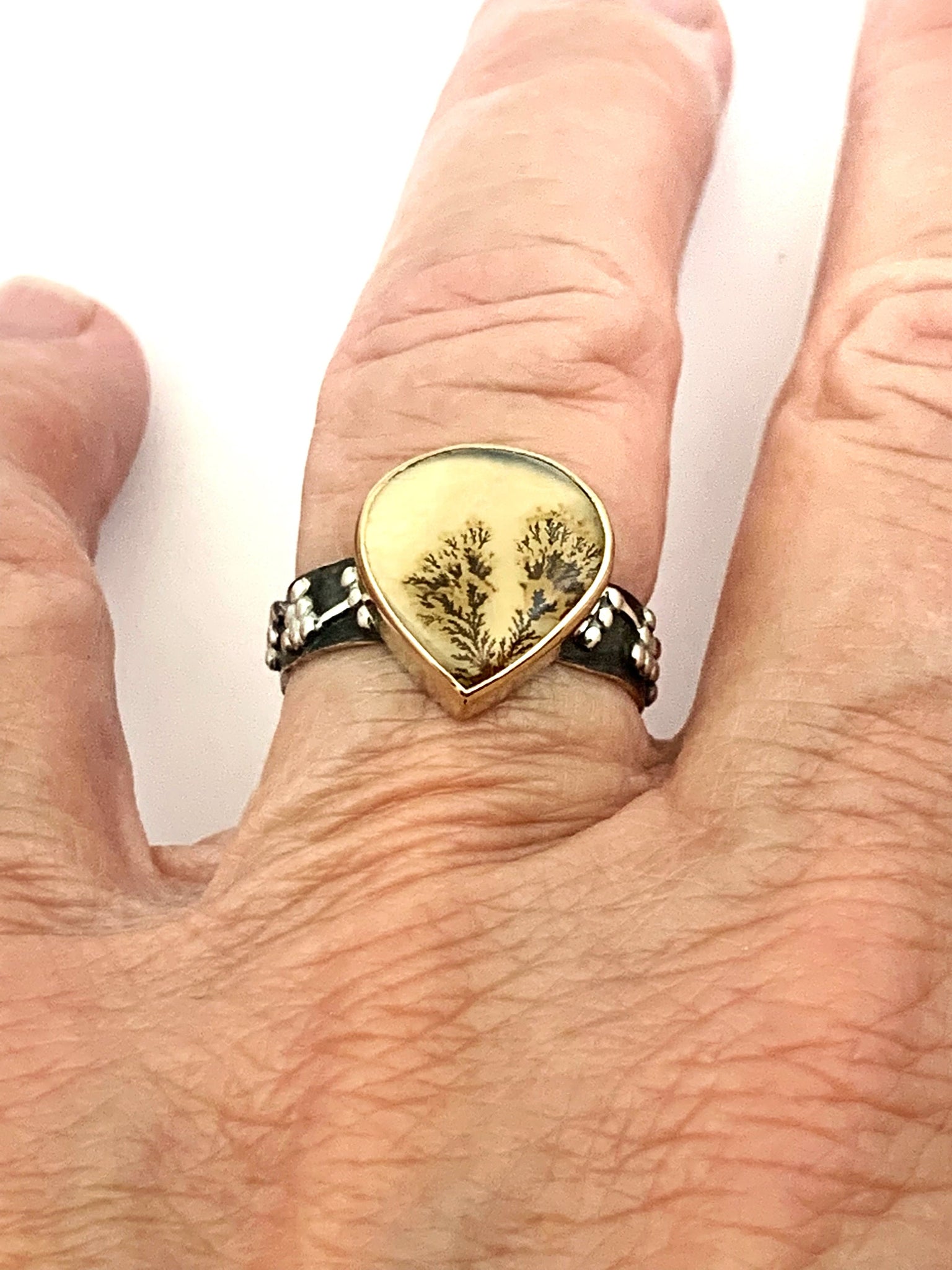 Dendritic Agate Teardrop Ring in Gold and Silver