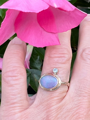 Australian Opal and Diamond in 14k Gold and Silver, October Birthstone, Solid Opal Statement Ring