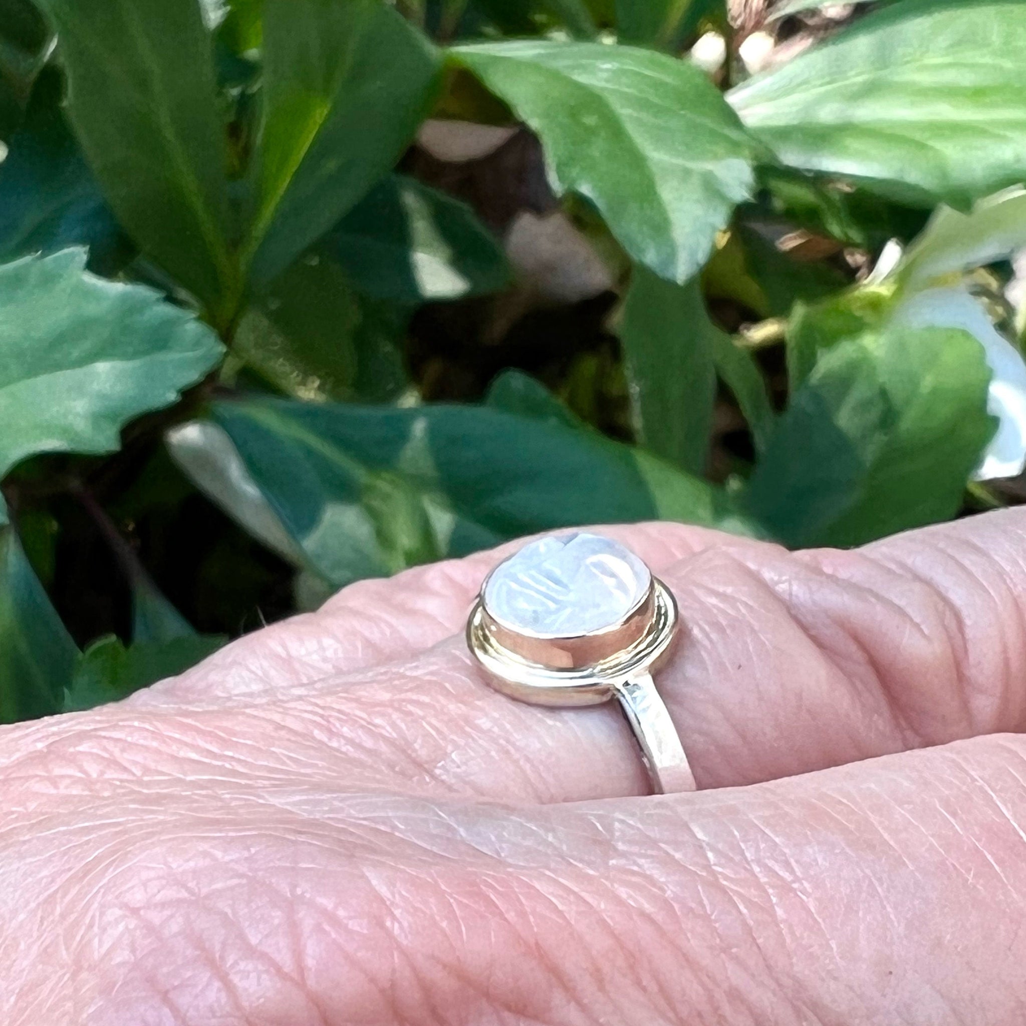 Carved Moonstone Ring In 14k Gold and Silver, Moon Face Ring, Rainbow Moonstone Ring