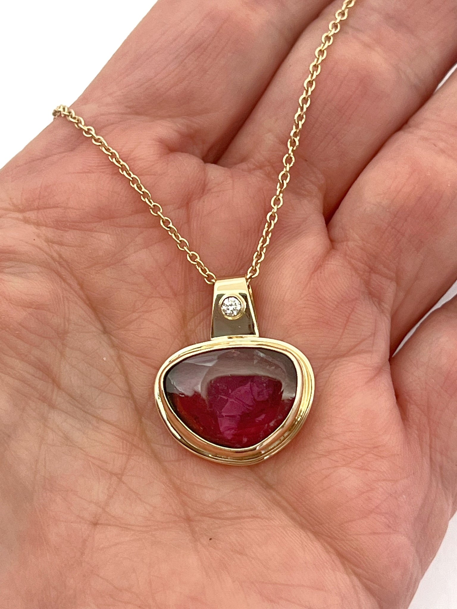 Watermelon Tourmaline Pendant In 14k Gold and Silver, Tourmaline and Diamond Necklace