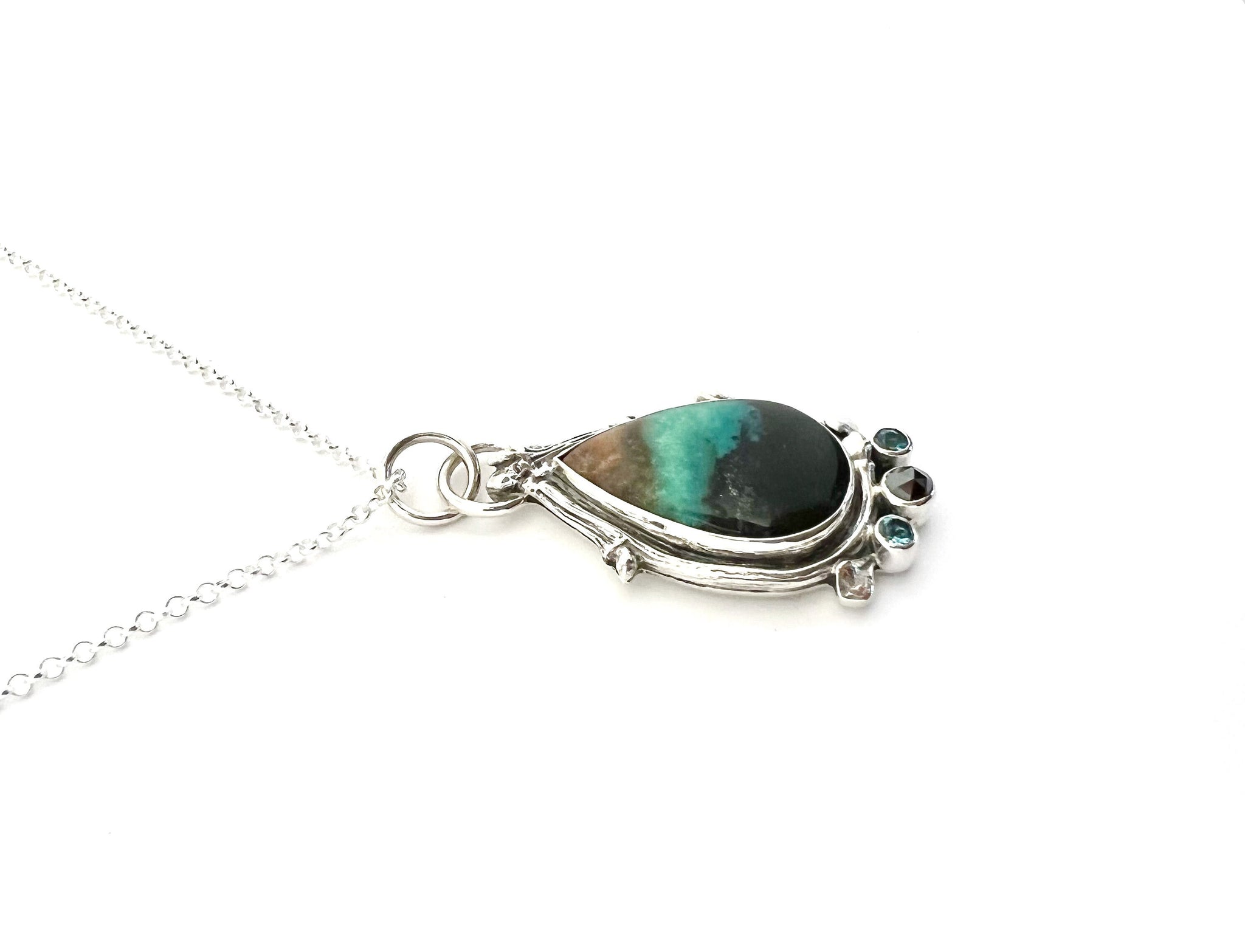 Indonesian Opalized Wood With Black Diamond and Aquamarines, OOAK Gemstone Necklace in Sterling Silver