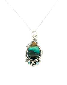 Indonesian Opalized Wood With Black Diamond and Aquamarines, OOAK Gemstone Necklace in Sterling Silver