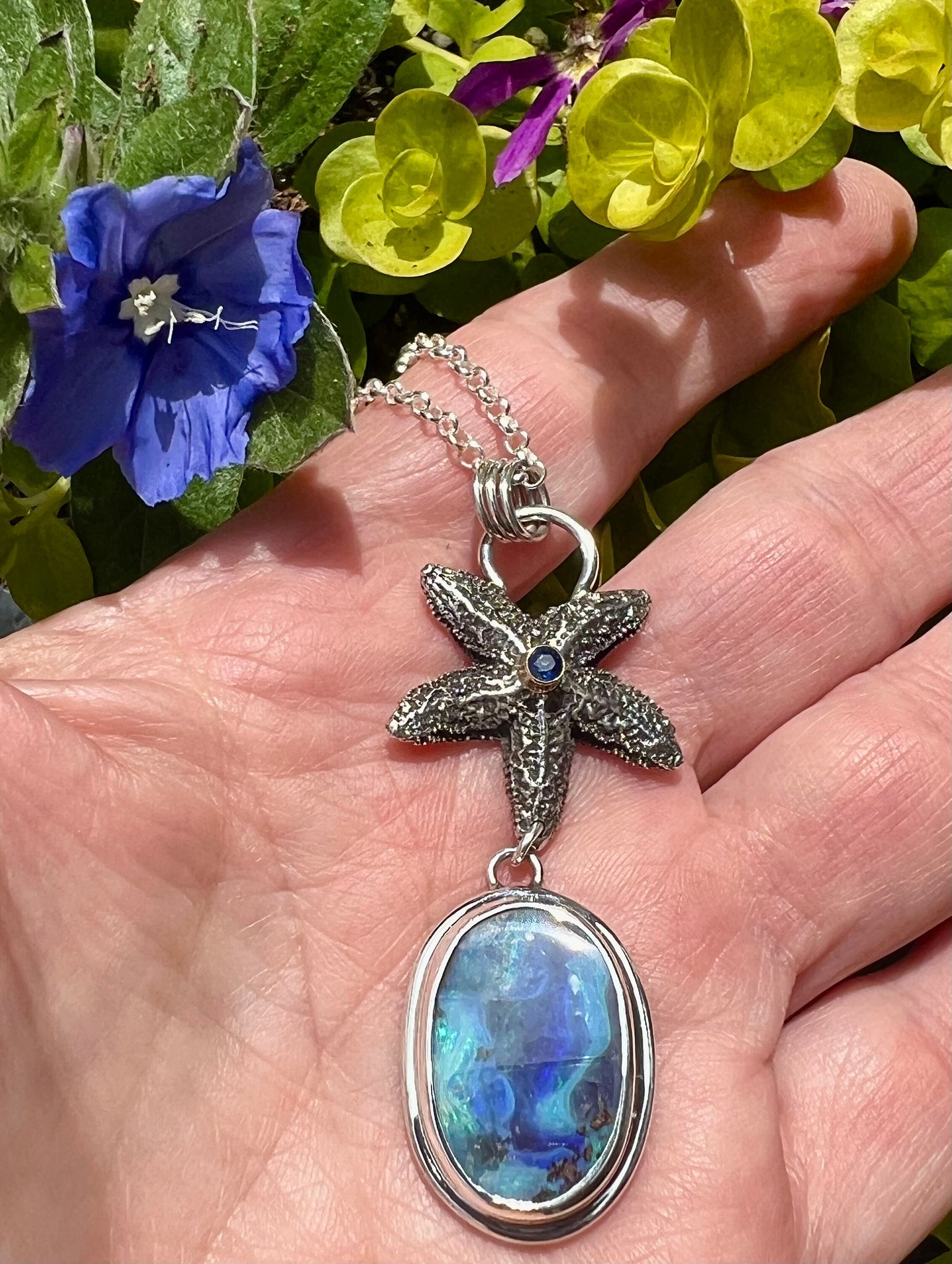 Sterling Starfish and Australian Opal Pendant, Solid Blue and Purple Opal in Silver, Ocean Theme Pendant