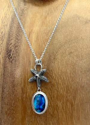 Sterling Starfish and Australian Opal Pendant, Solid Blue and Purple Opal in Silver, Ocean Theme Pendant