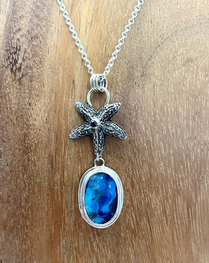 Sterling Starfish and Australian Opal Pendant, Solid Blue and Purple Opal in Silver, Ocean Theme Pendant