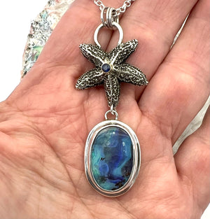 Sterling Starfish and Australian Opal Pendant, Solid Blue and Purple Opal in Silver, Ocean Theme Pendant