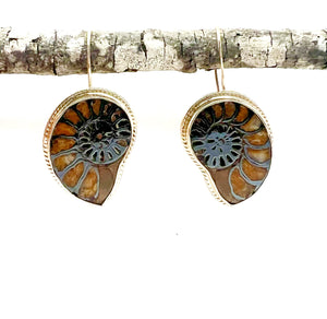 Ammonite Fossil Earrings in 14k Gold, Nature Lover Fine Jewelry, OOAK Gold Boho Earrings