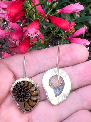 Ammonite Fossil Earrings in 14k Gold, Nature Lover Fine Jewelry, OOAK Gold Boho Earrings