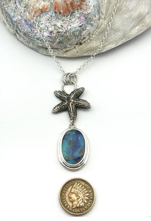 Sterling Starfish and Australian Opal Pendant, Solid Blue and Purple Opal in Silver, Ocean Theme Pendant