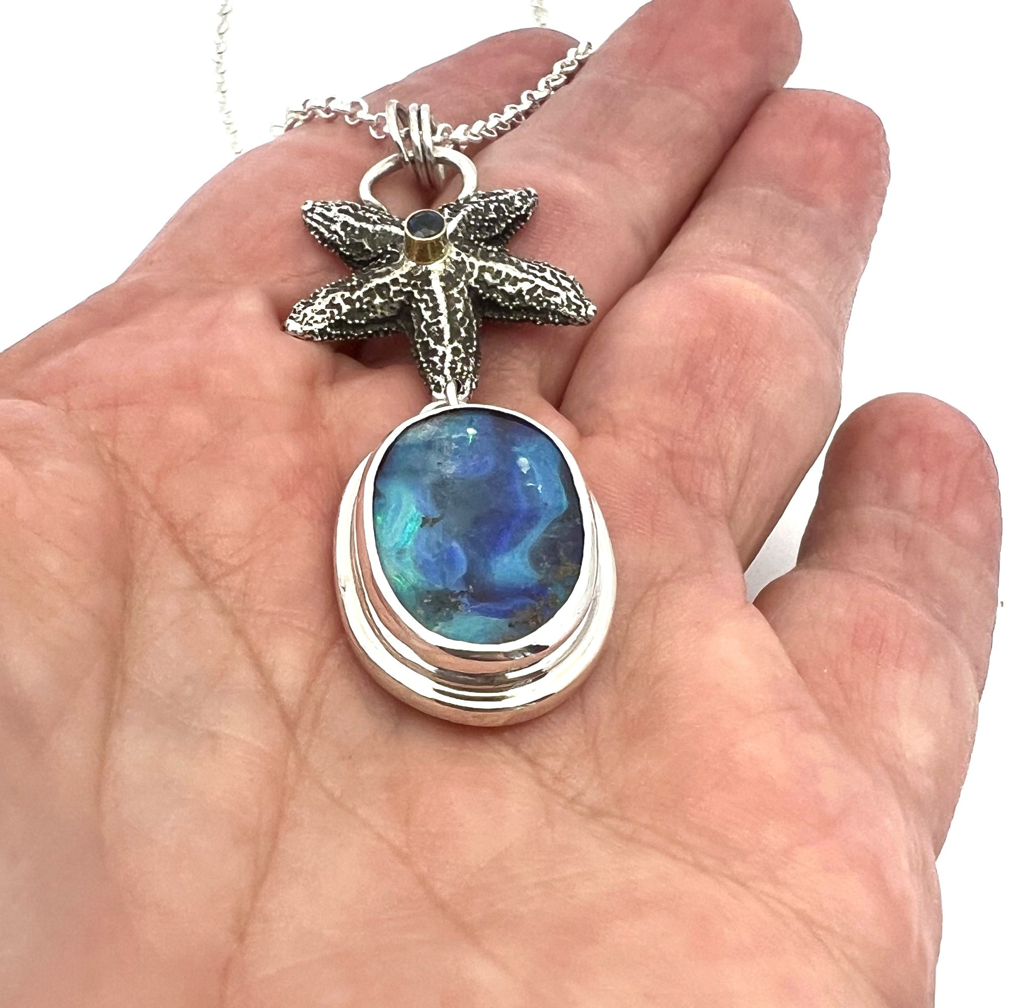 Sterling Starfish and Australian Opal Pendant, Solid Blue and Purple Opal in Silver, Ocean Theme Pendant