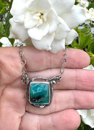 Peruvian Opal Pendant in Sterling Silver, Scenic Blue Stone Necklace