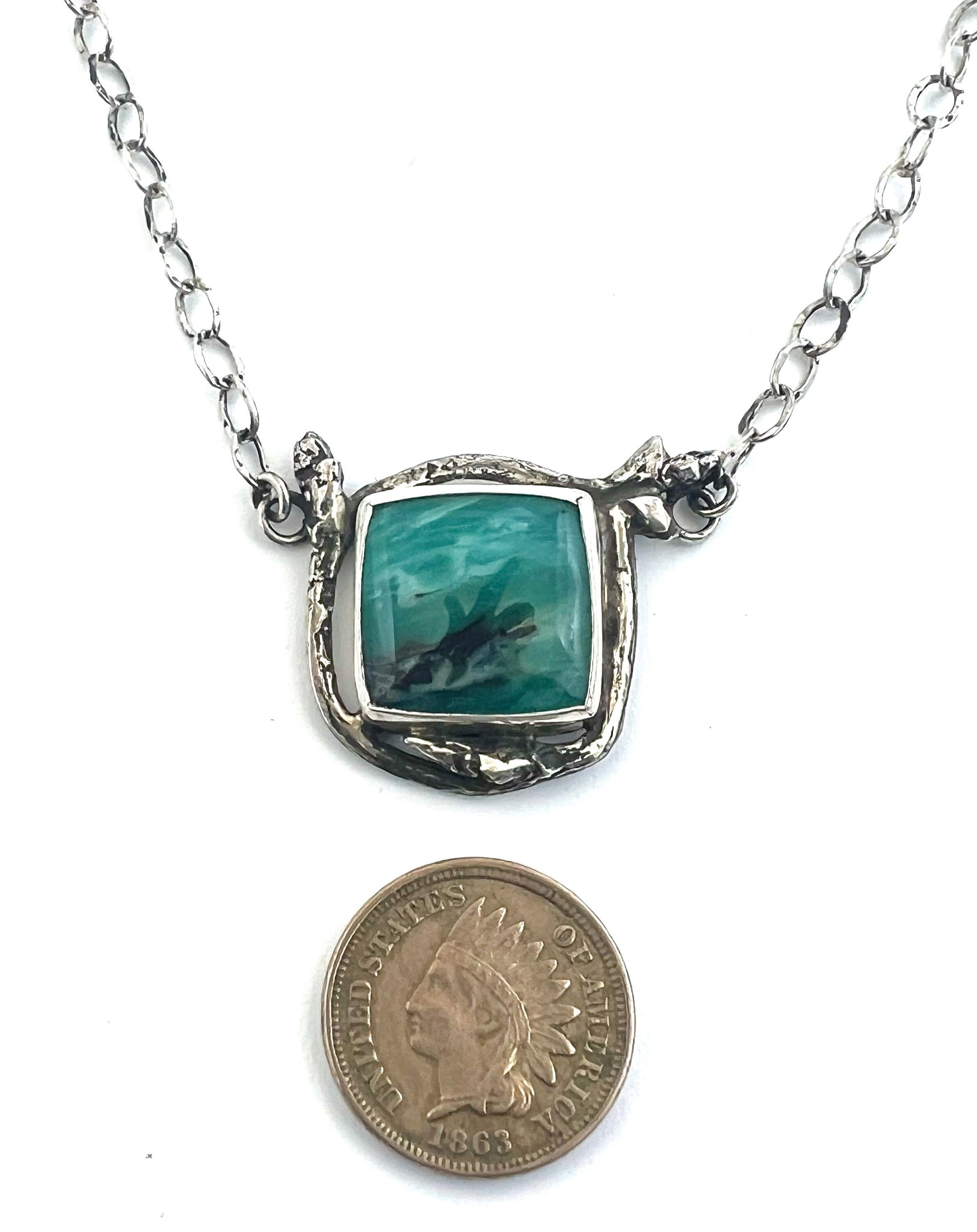 Peruvian Opal Pendant in Sterling Silver, Scenic Blue Stone Necklace