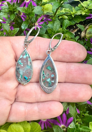 Confetti Chrysocolla Earrings in Sterling Silver with 14k Details, OOAK Gemstone Earrings in Sterling with gold granulation