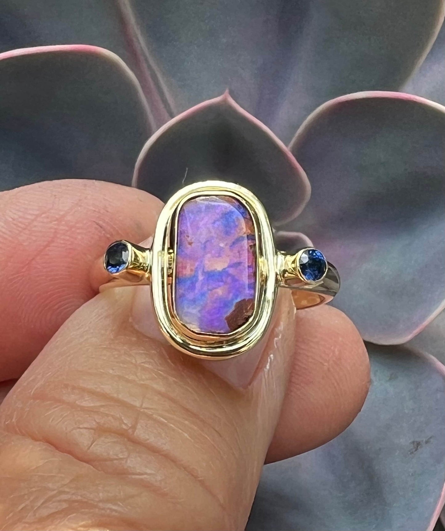 Australian Opal Ring In 14k Gold, Solid Opal and Sapphire Ring