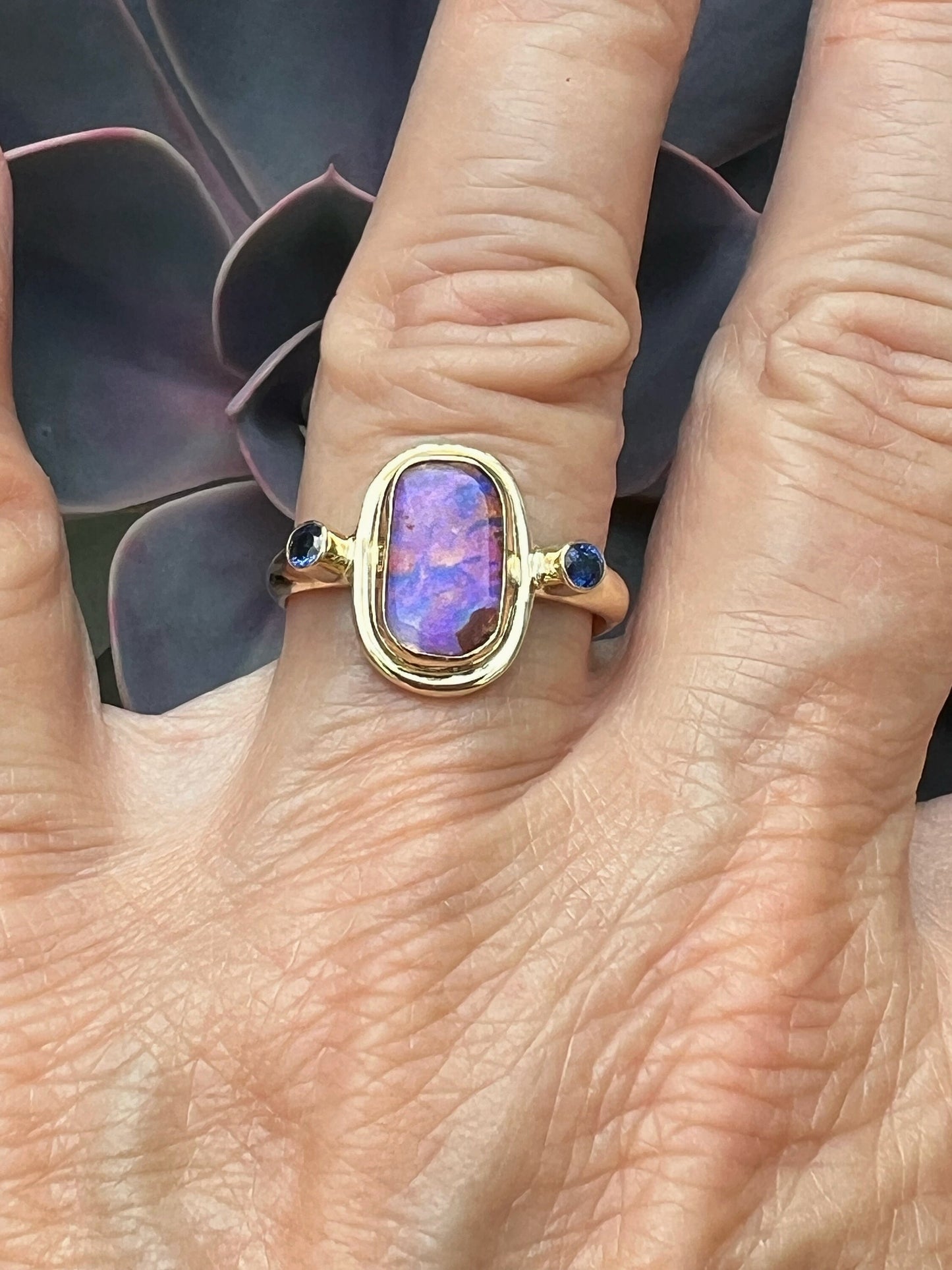 Australian Opal Ring In 14k Gold, Solid Opal and Sapphire Ring