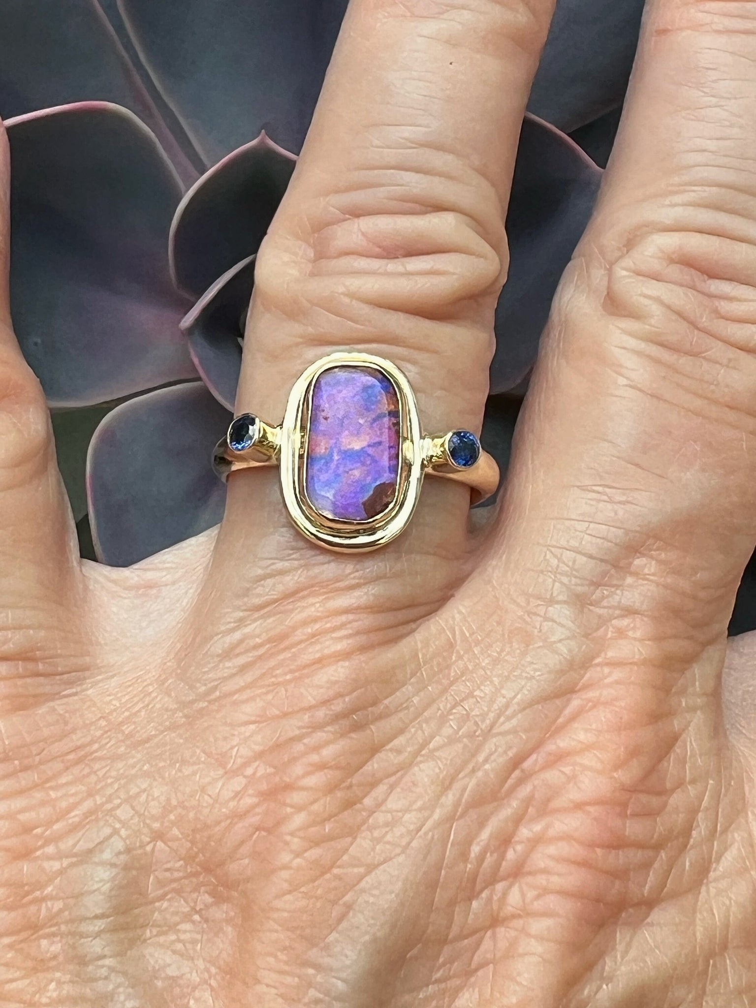 Australian Opal Ring In 14k Gold, Solid Opal and Sapphire Ring