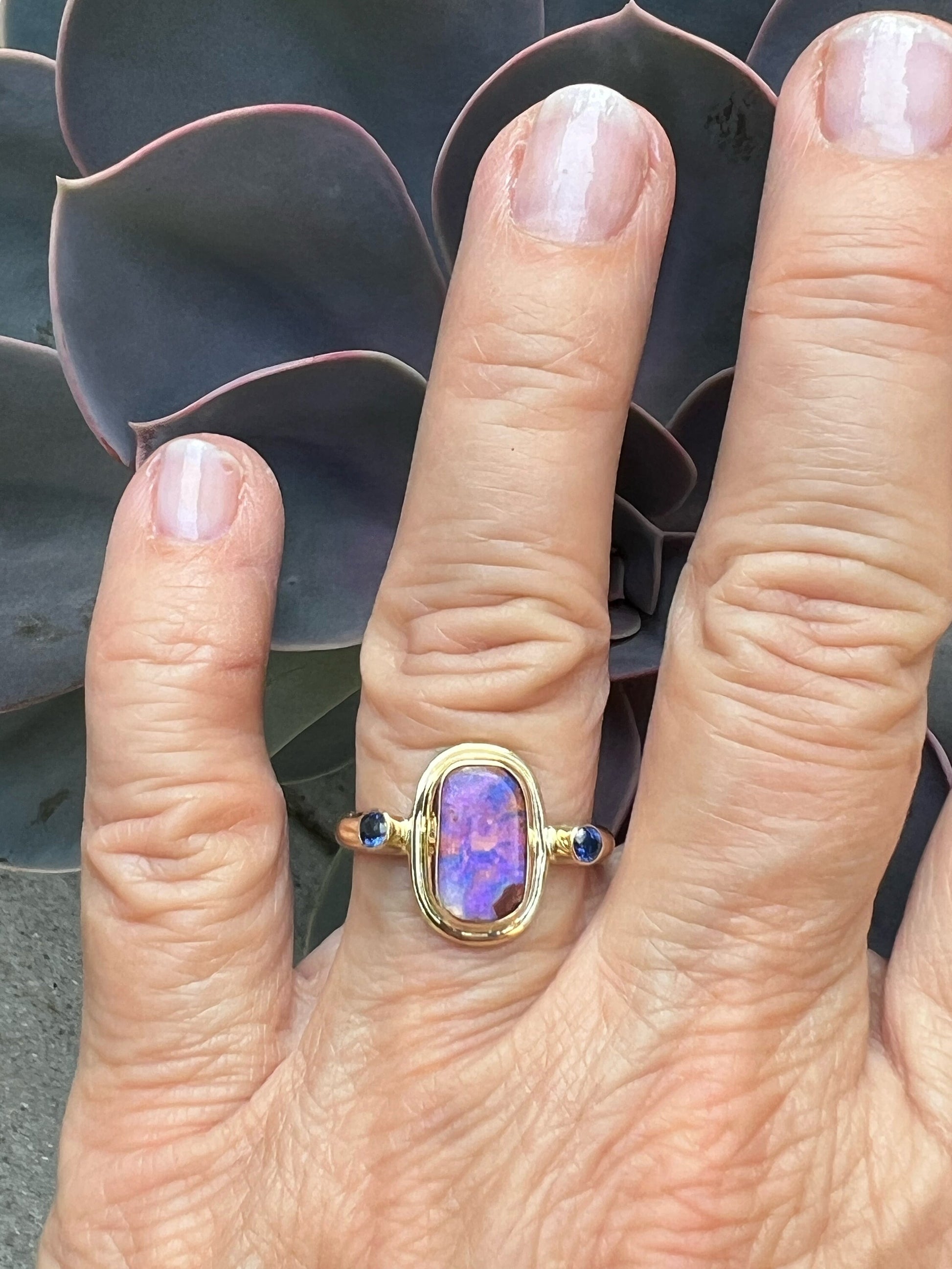 Australian Opal Ring In 14k Gold, Solid Opal and Sapphire Ring