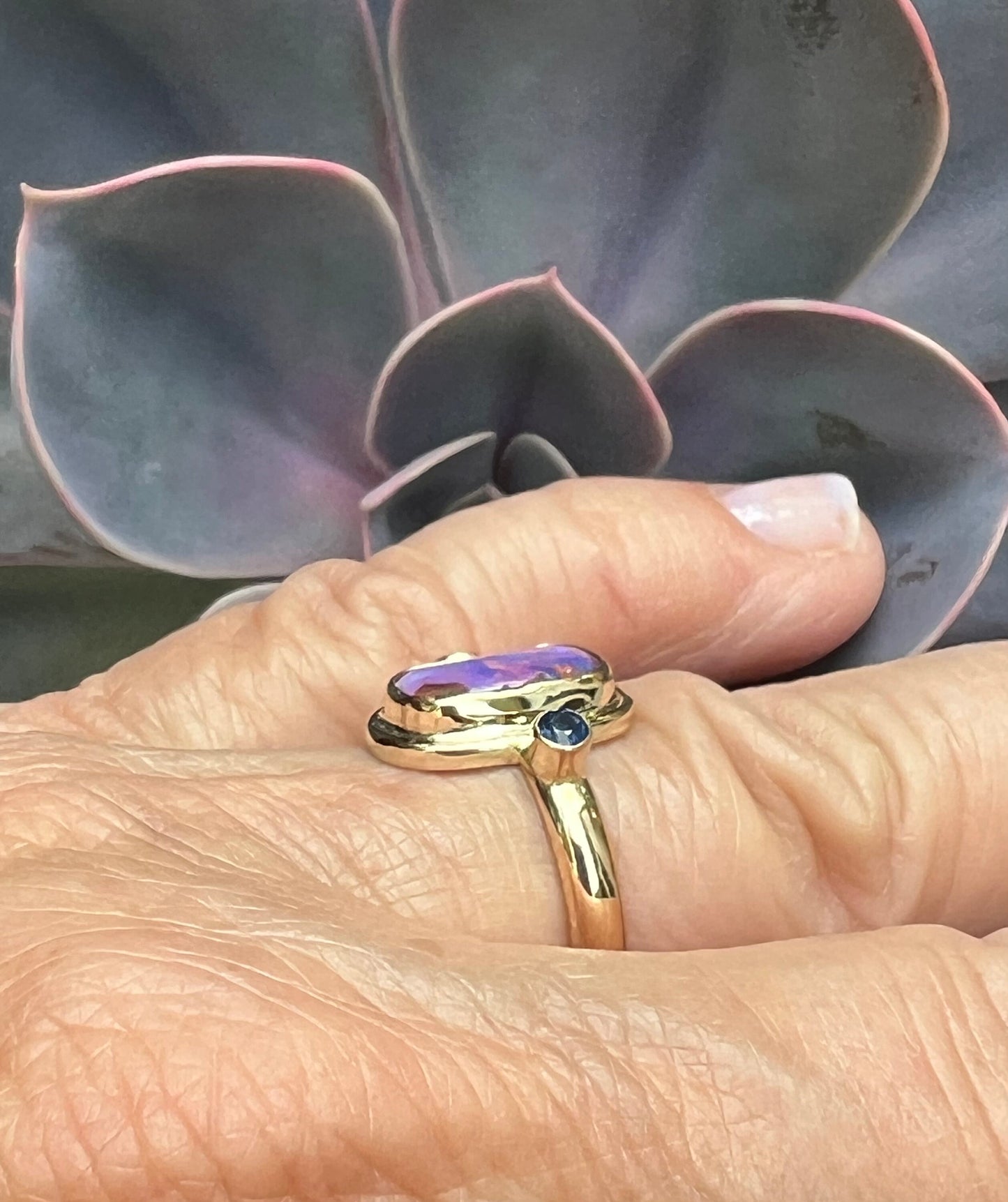 Australian Opal Ring In 14k Gold, Solid Opal and Sapphire Ring