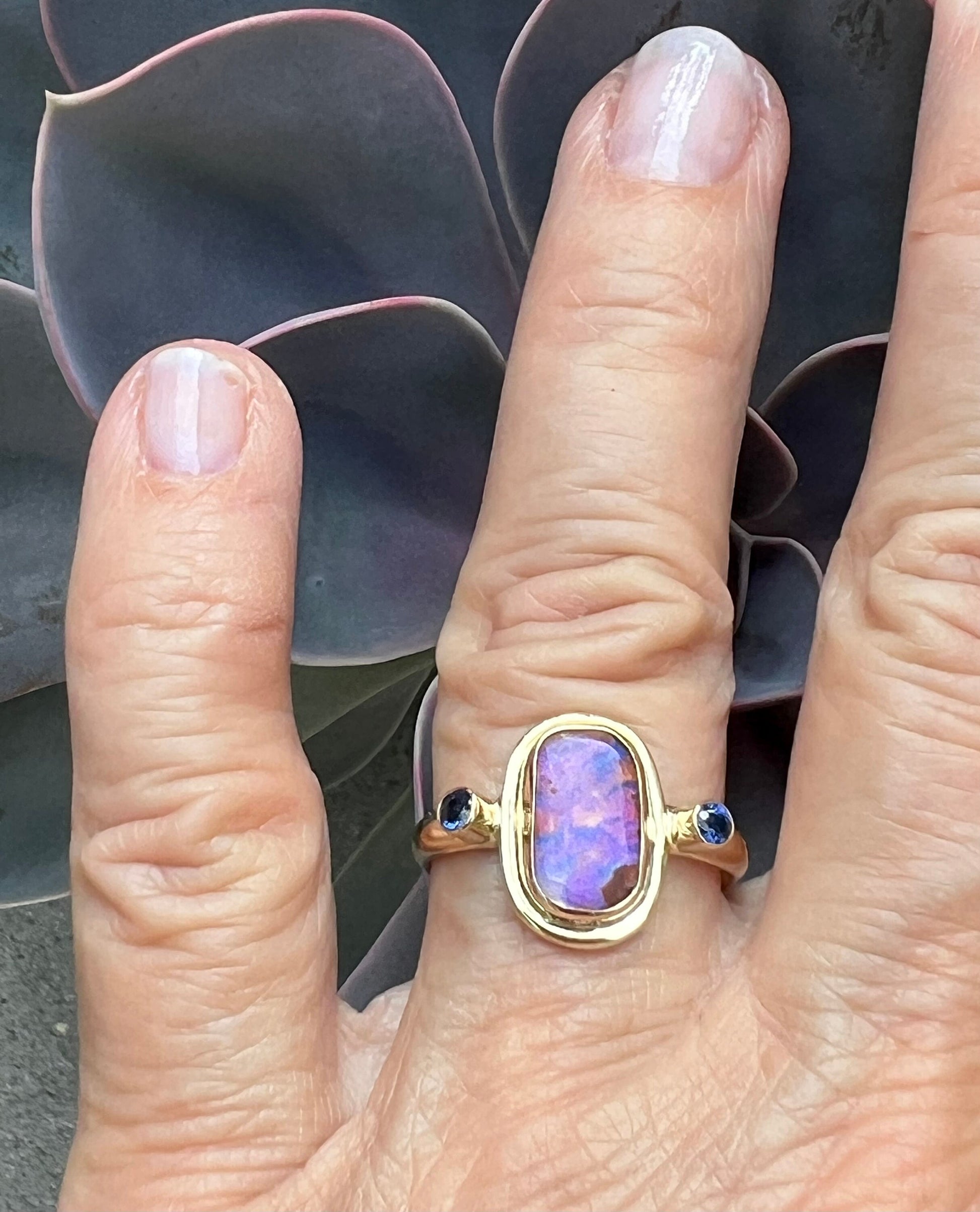 Australian Opal Ring In 14k Gold, Solid Opal and Sapphire Ring