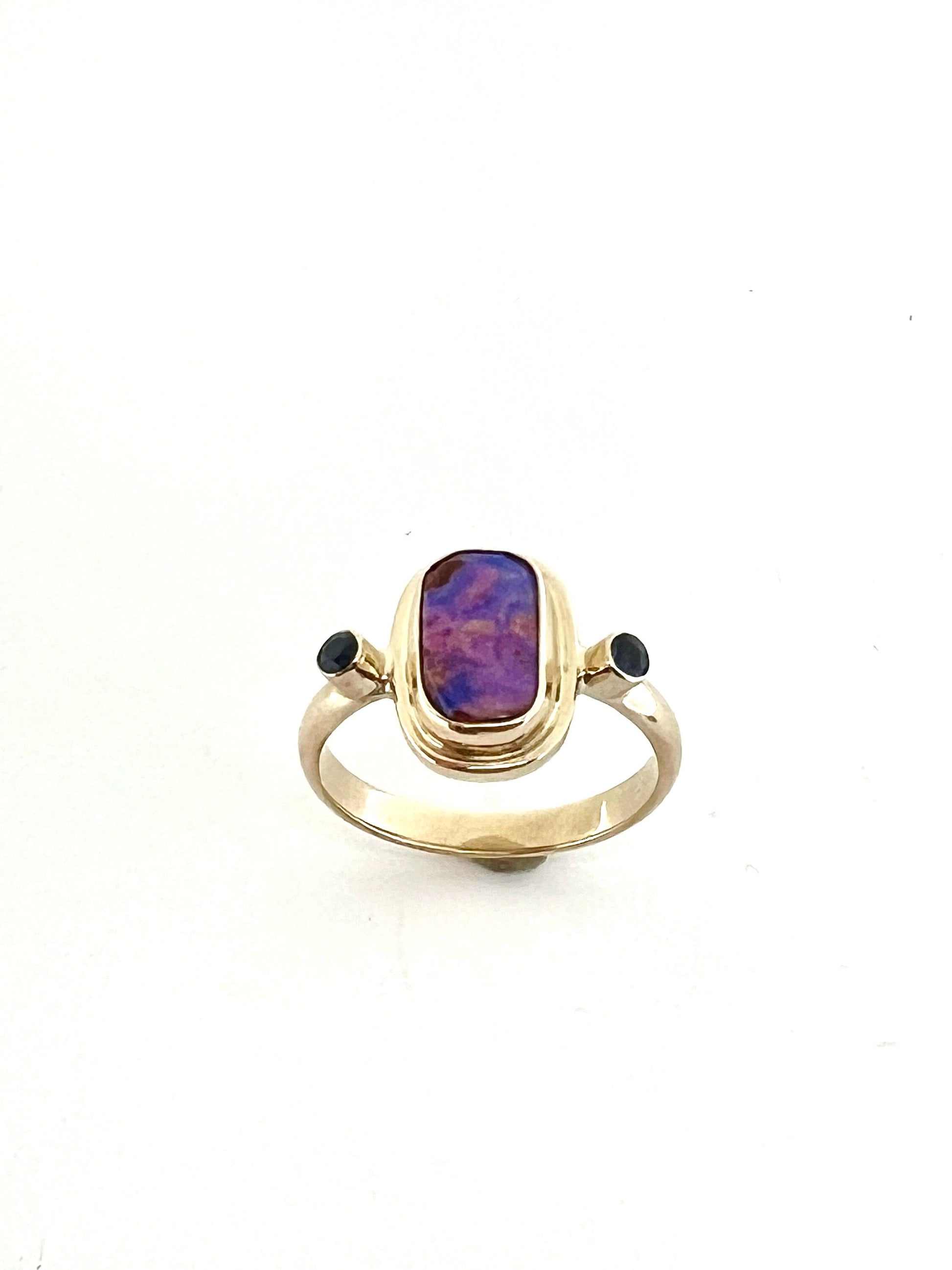 Australian Opal Ring In 14k Gold, Solid Opal and Sapphire Ring