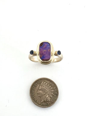 Australian Opal Ring In 14k Gold, Solid Opal and Sapphire Ring