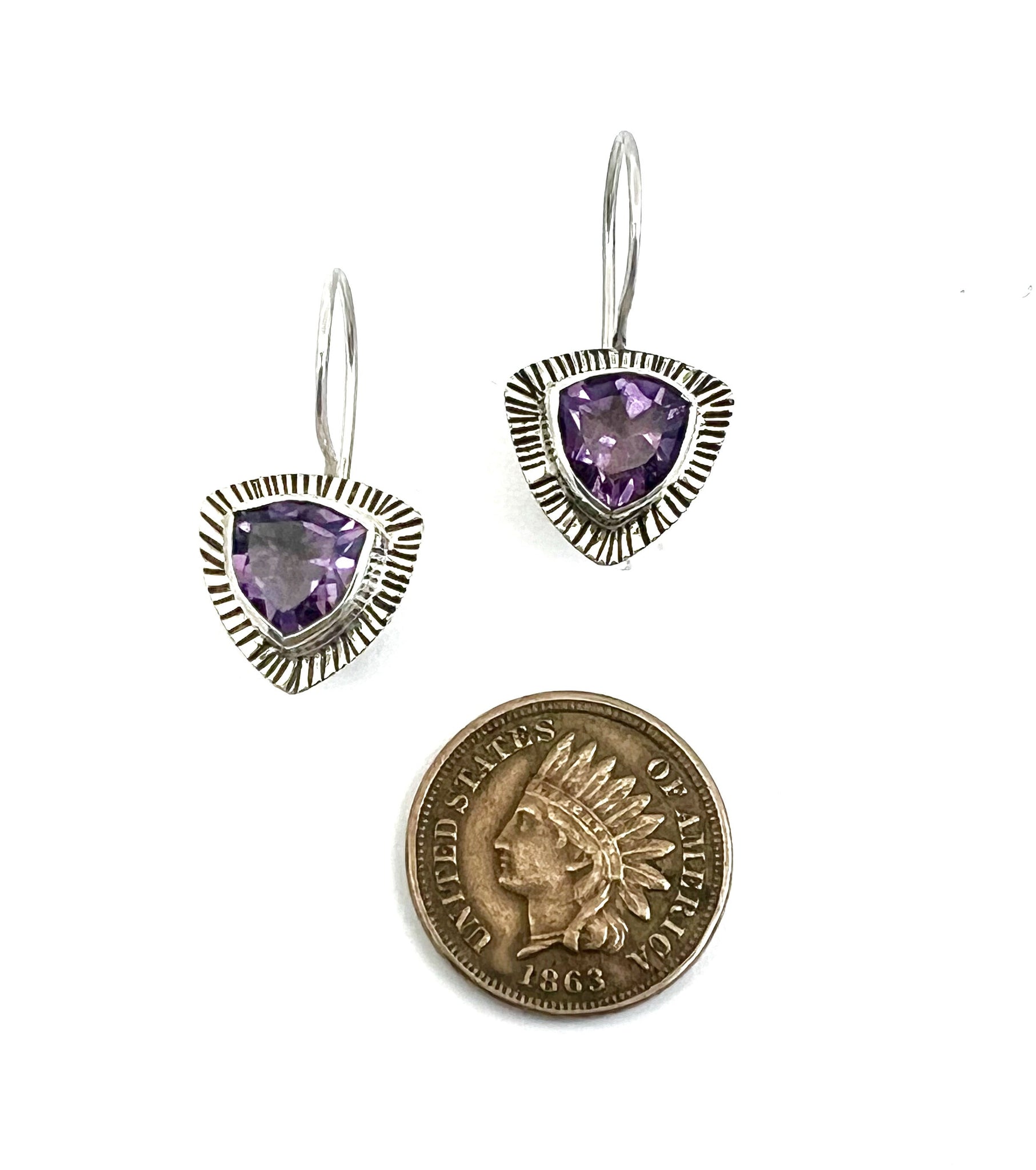 Amethyst Trillion Earrings In Sterling Silver, Purple Gemstone Earrings, February Birthstone Jewelry