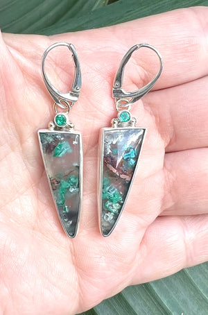 Confetti Chrysocolla With Emeralds in Sterling Silver with Gold Accents, Sugar Water Chrysocolla Earrings