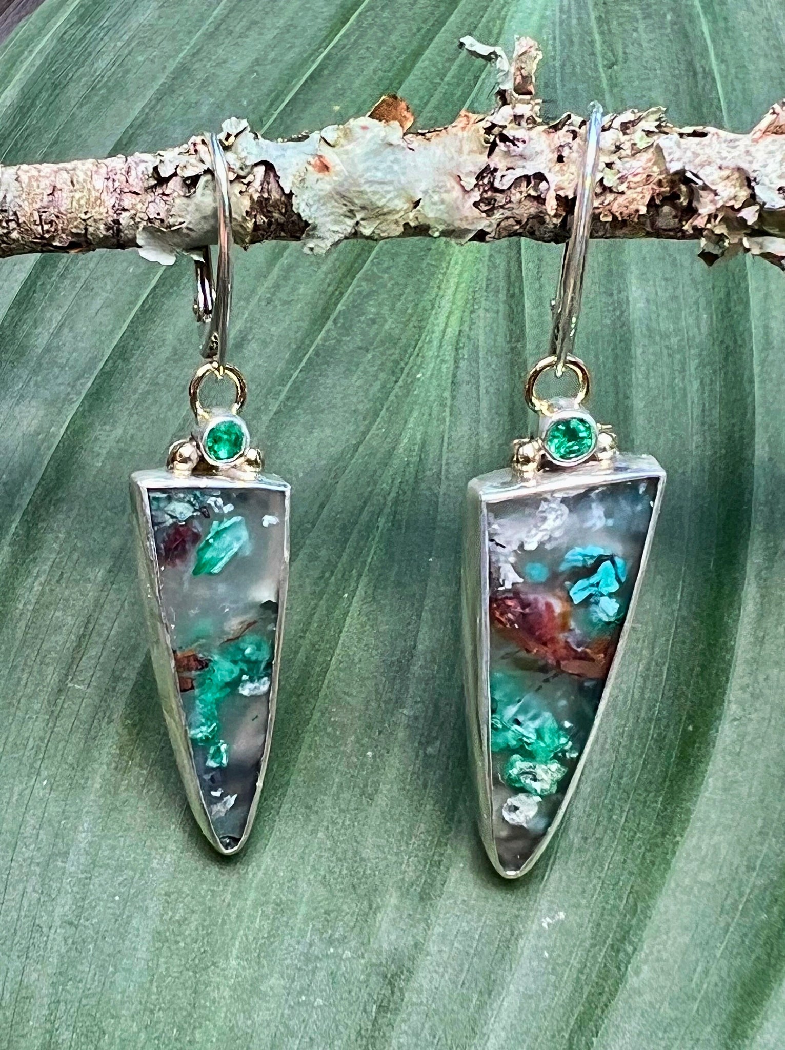 Confetti Chrysocolla With Emeralds in Sterling Silver with Gold Accents, Sugar Water Chrysocolla Earrings