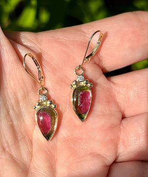 Watermelon Tourmaline and Diamond Earrings in 14k Gold and Sterling Silver