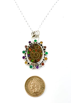 Ammonite Fossil Inlaid with Ammolite Sterling Silver Pendant