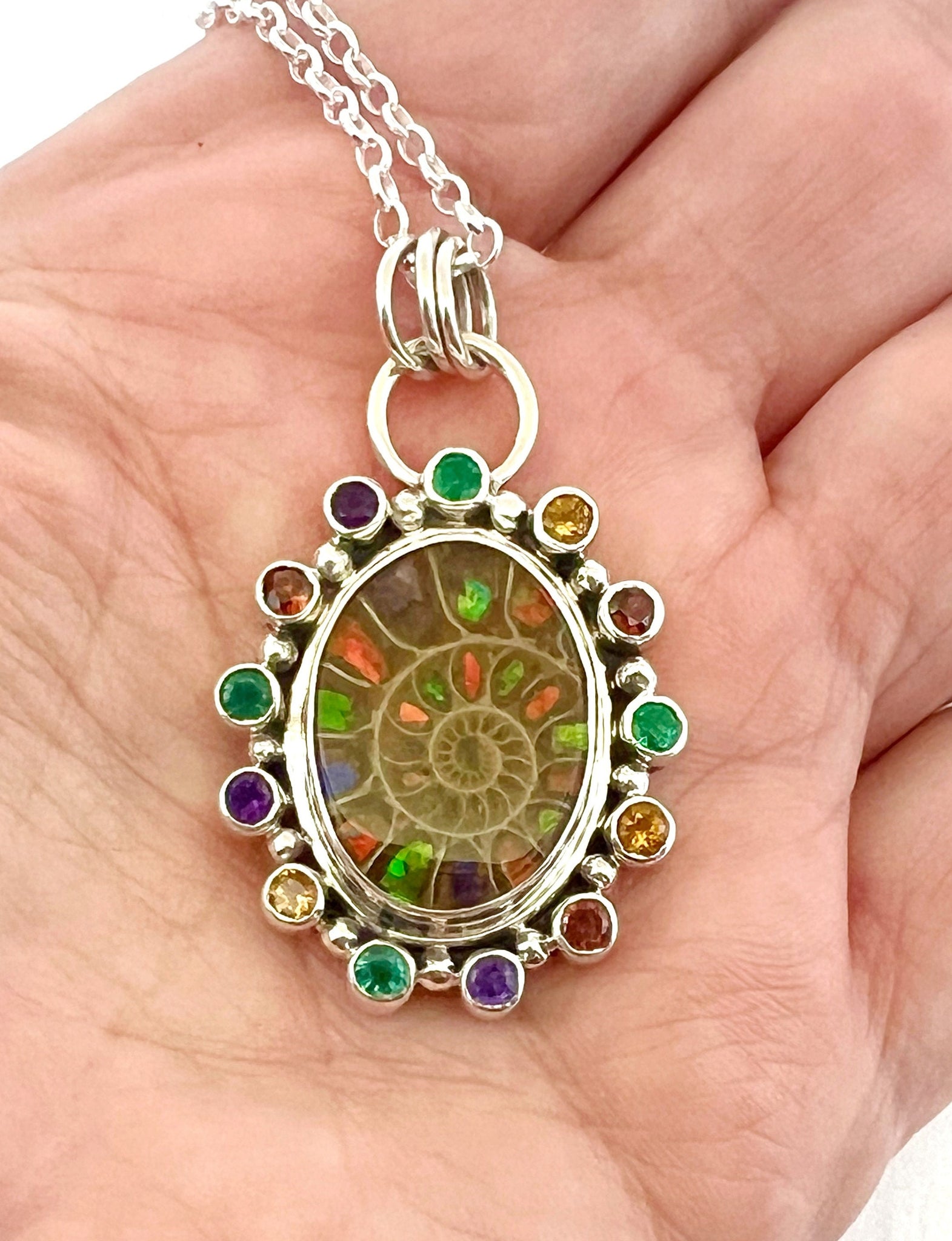 Ammonite Fossil Inlaid with Ammolite Sterling Silver Pendant