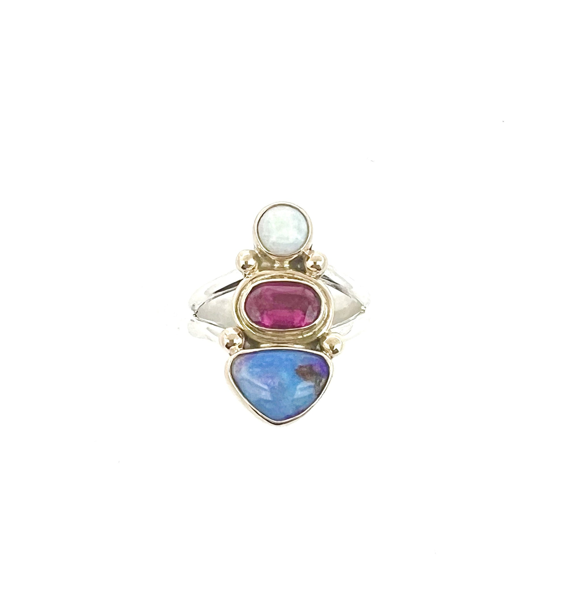 Australian Opal, Pink Tourmaline and Ethiopian Opal in 14k Gold and Sterling Silver, Opal Statement Ring