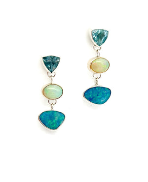 Aquamarine, Ethiopian Opal and Australian Opal Earrings in Sterling Silver and 14k Gold