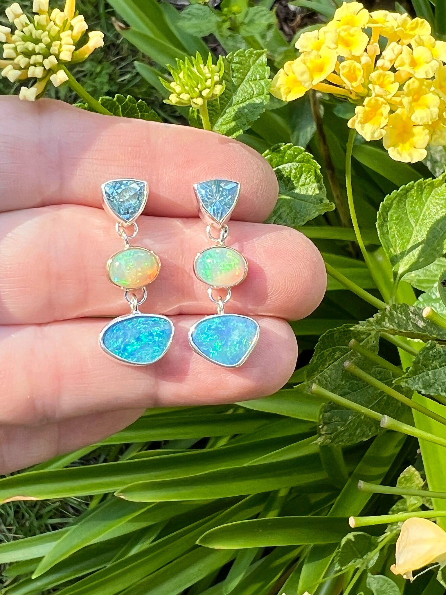Aquamarine, Ethiopian Opal and Australian Opal Earrings in Sterling Silver and 14k Gold