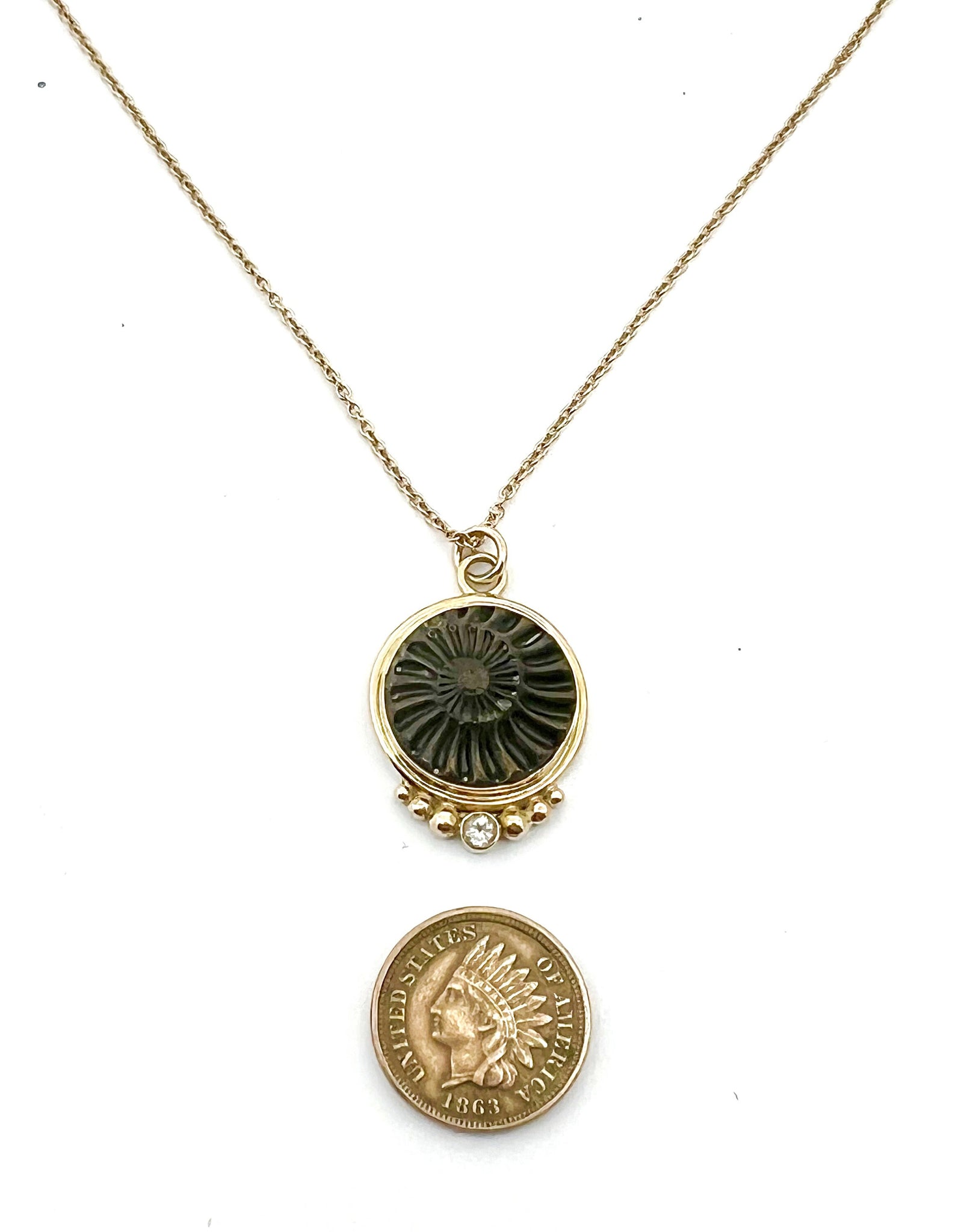 Ammonite Negative in 14k Gold and Sterling Silver with Diamond Accent, OOAK Fossil Necklace