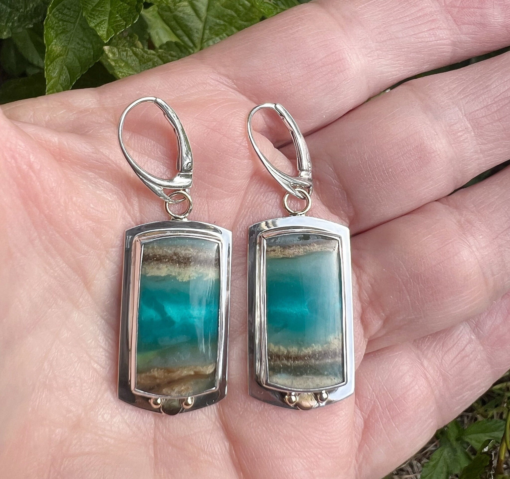 Indonesian Opals In Sterling Silver with 14k Gold Details, Scenic Stone Earrings