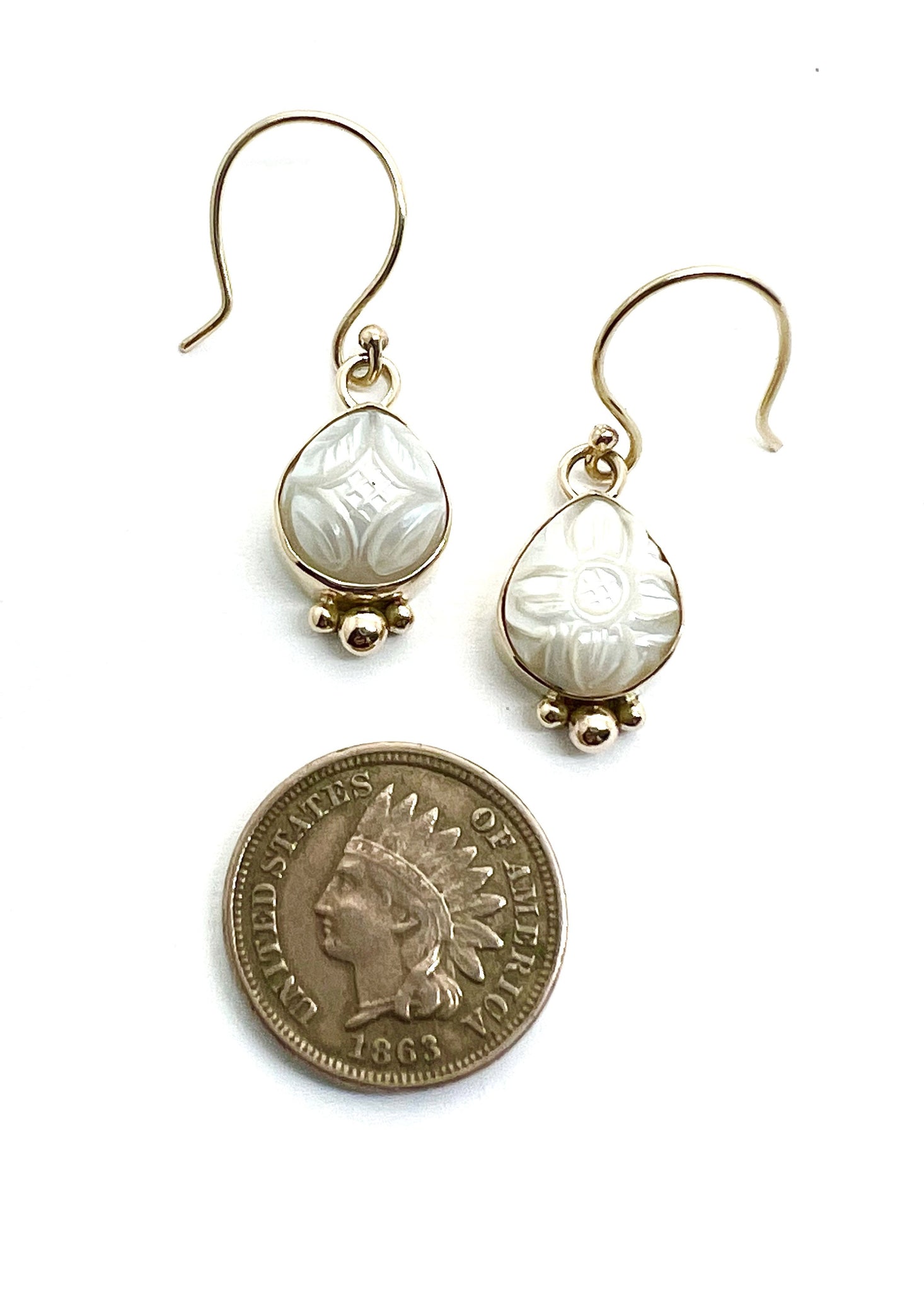 Carved Freshwater Pearl Set in 14k Gold With 14k Accents Earrings, Mismatched Flower Carving Earrings, Wedding Jewelry