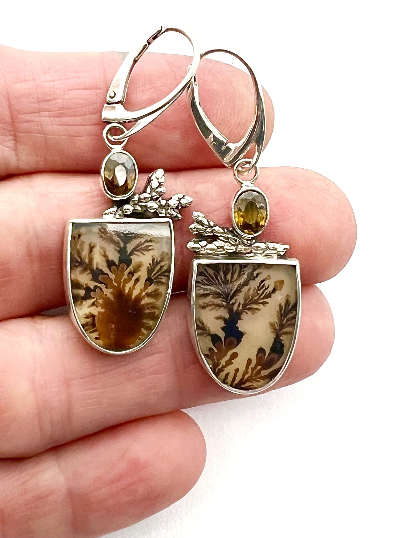 Dendritic Agate Earrings In Sterling Silver with Faceted Sphene, Unique Gemstone Earrings