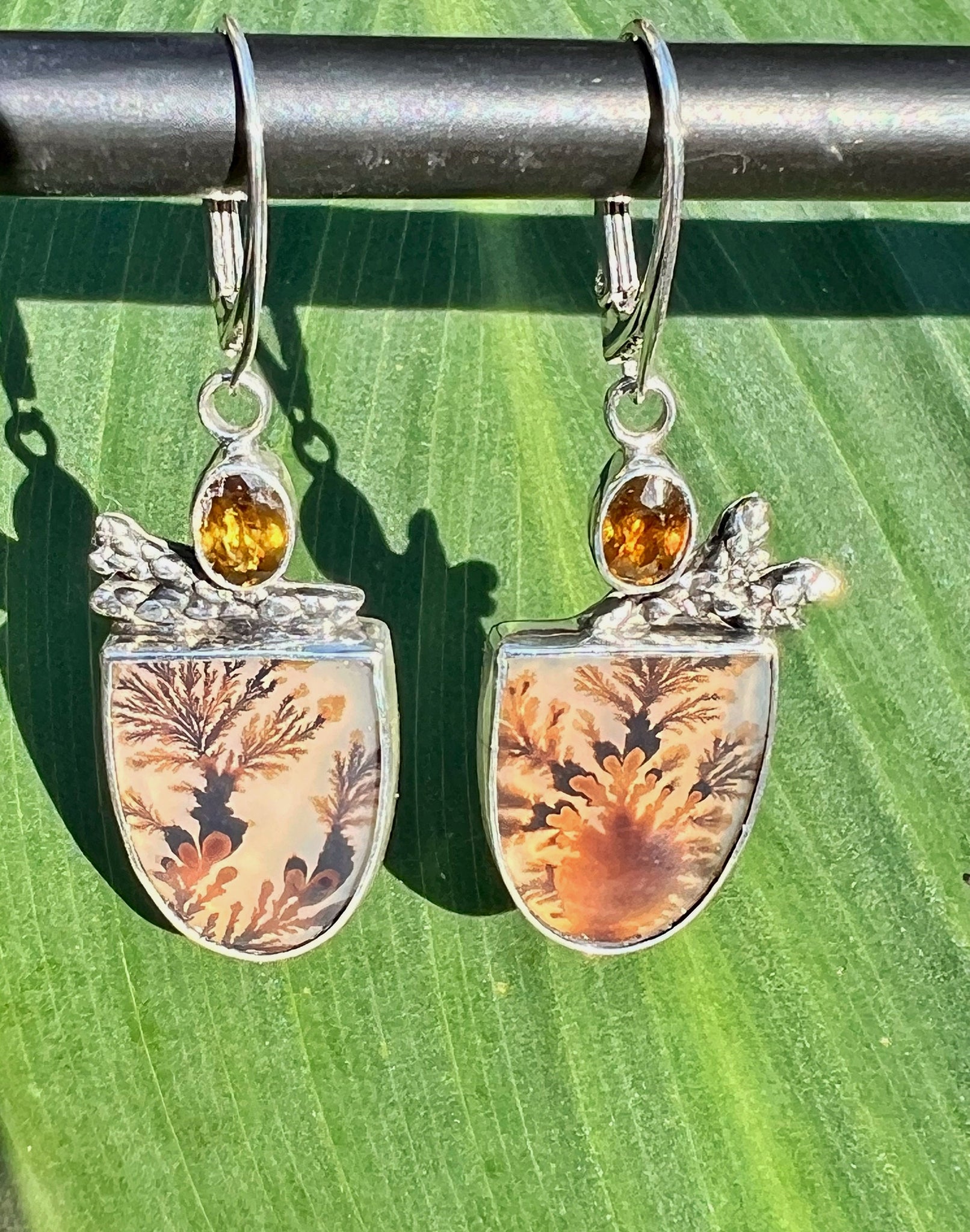 Dendritic Agate Earrings In Sterling Silver with Faceted Sphene, Unique Gemstone Earrings